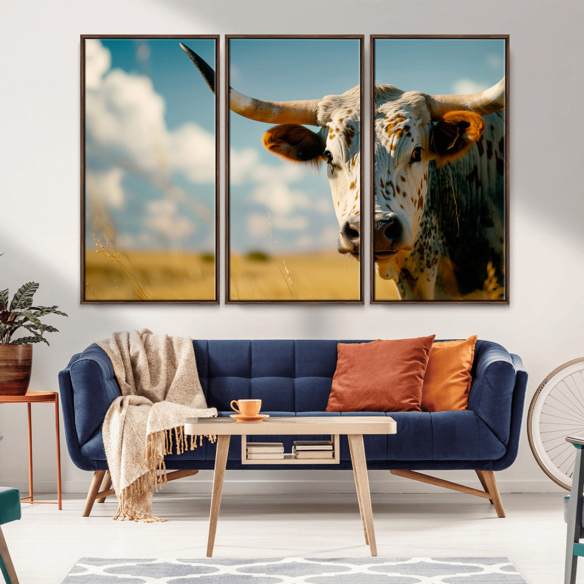 Longhorn in the Prairie - Stunning Ranch-Style Triptych Wall