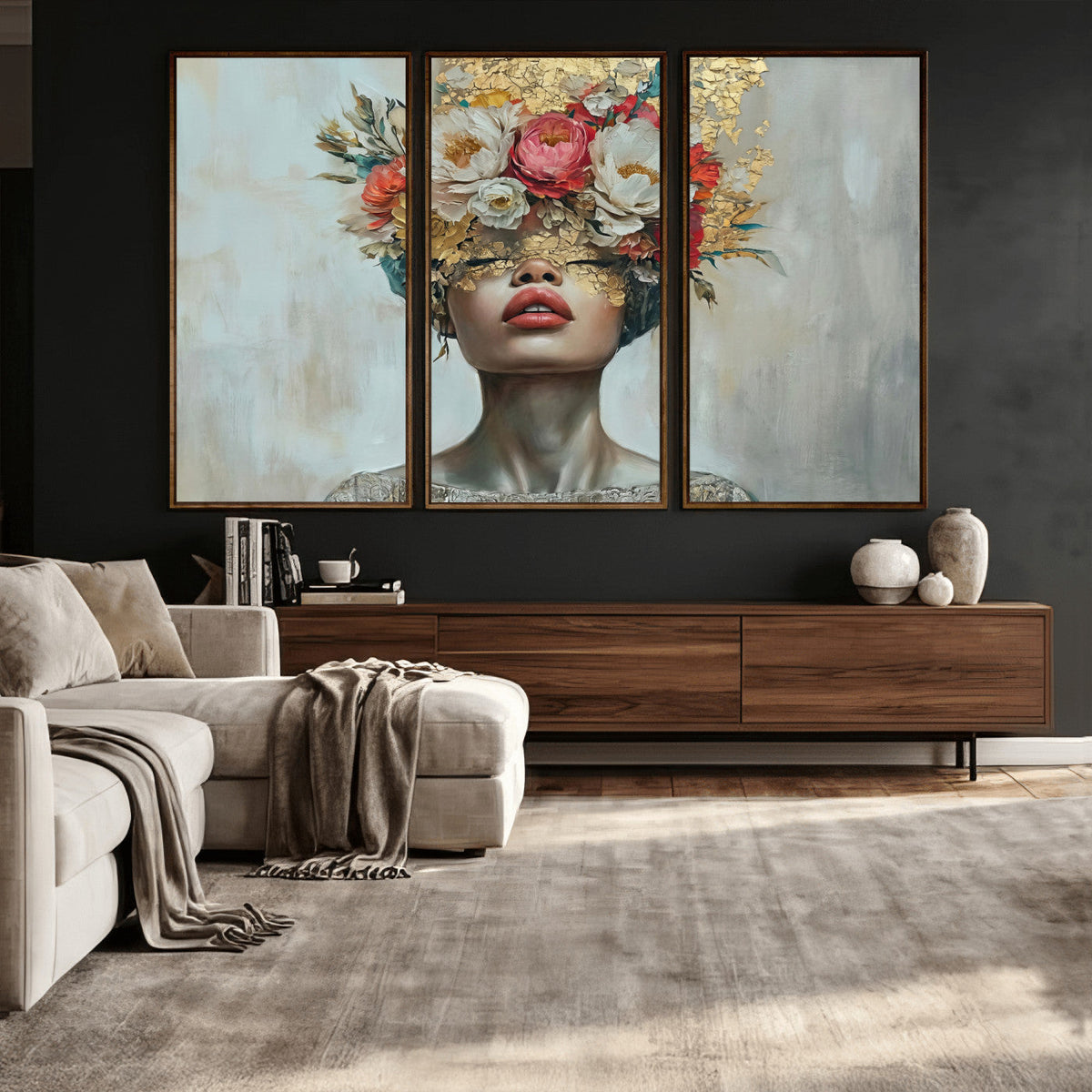 Golden Petal Wall Art Canvas Print - Silhouette Woman Wall