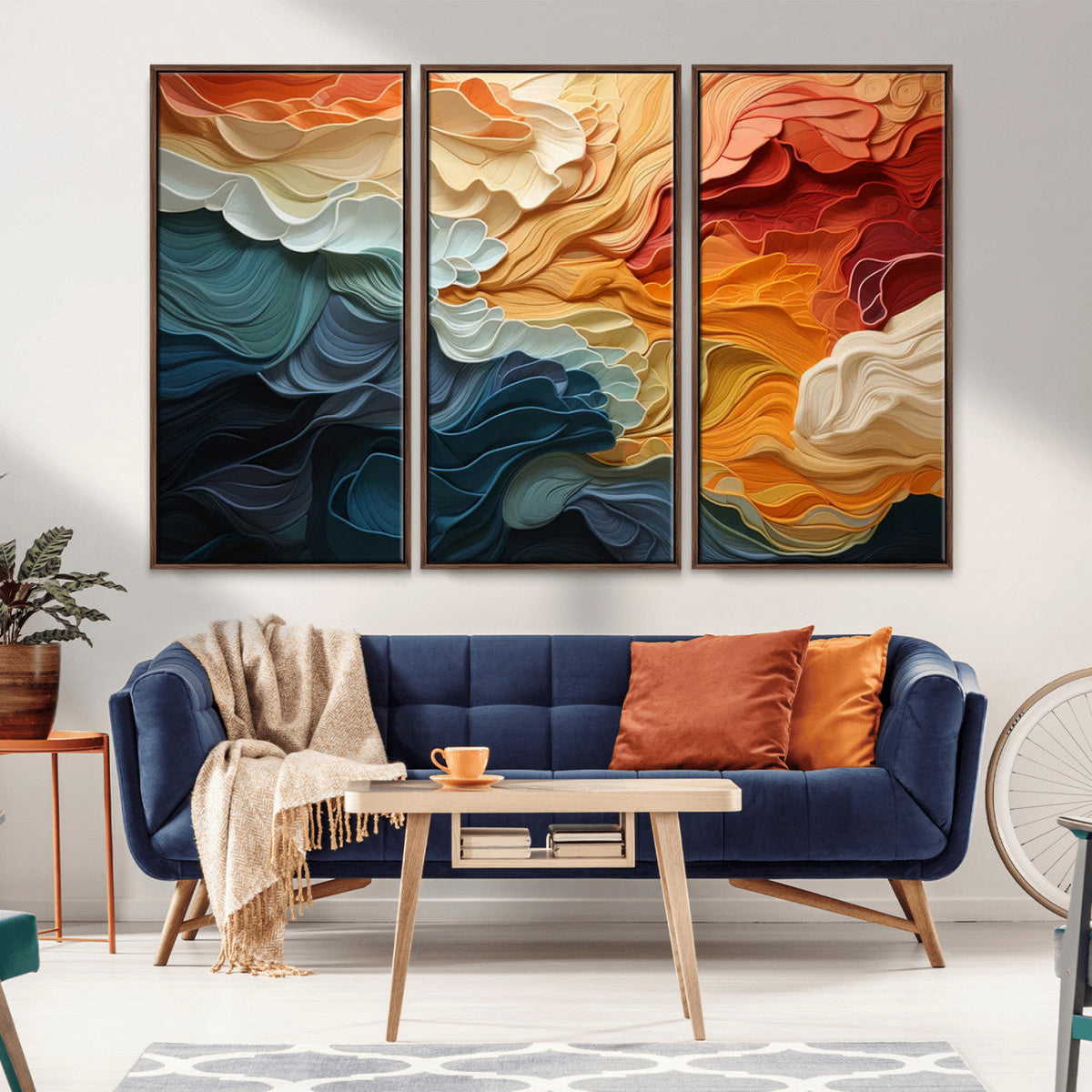 Blue Orange Abstract Wave Wall Art Canvas Print, Framed Blue