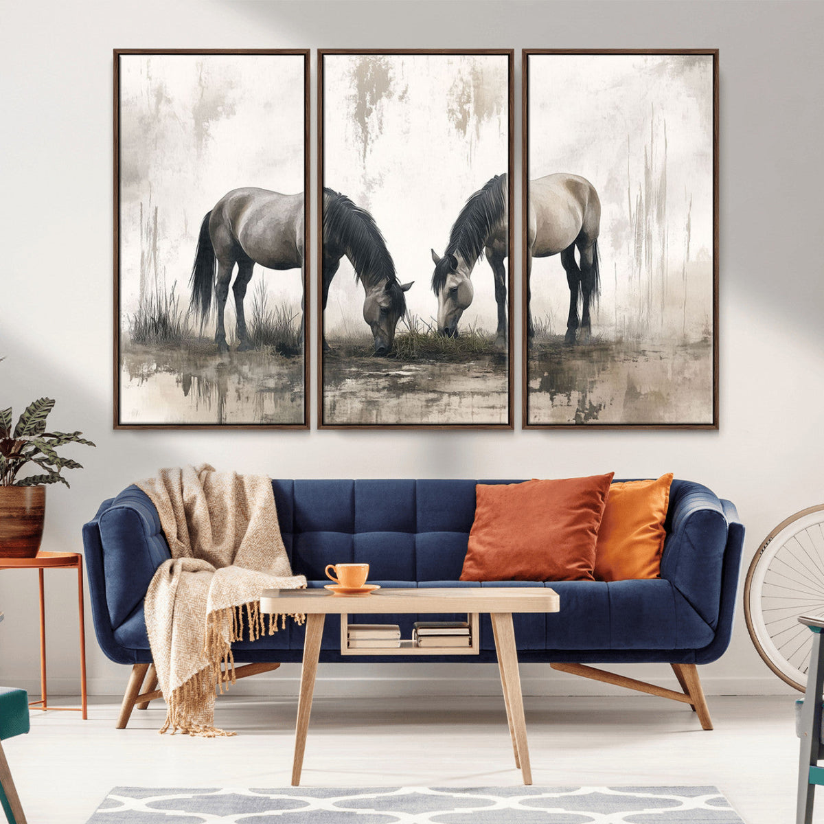 Chines Ink Style Vintage Horses Wall Art Canvas Print for