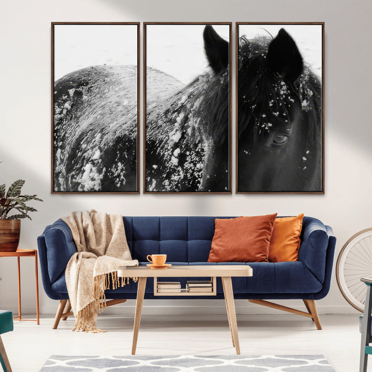 Black Horse in Snow Canvas Print | Winter Horse Wall Art |