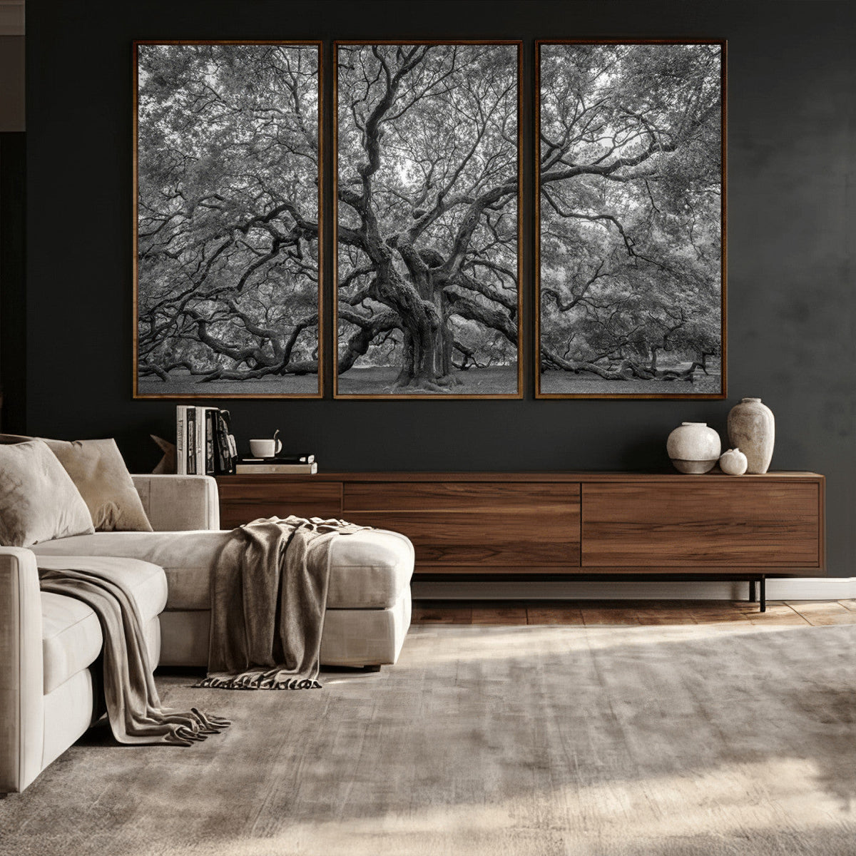 Majestic Angel Oak Tree Black and White Canvas Print – Multi