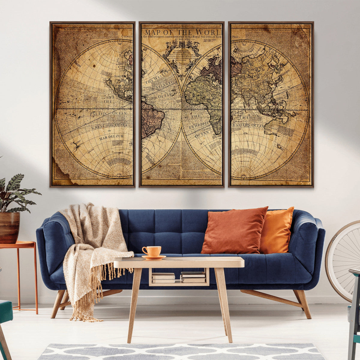 Vintage World Map Wall Art Canvas – Antique Style Push Pin