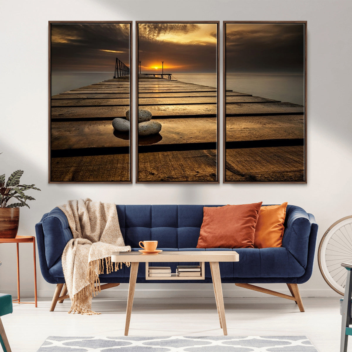Stones on Wooden Pier at Sunset Canvas Print, Serene Coastal