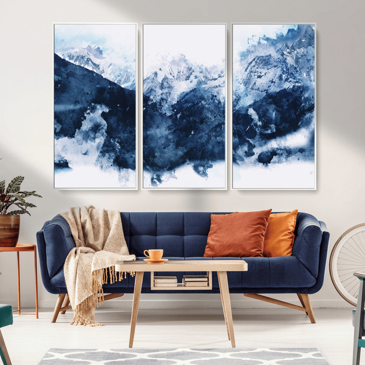 Abstract Blue Mountain Canvas Wall Art – Modern Triptych