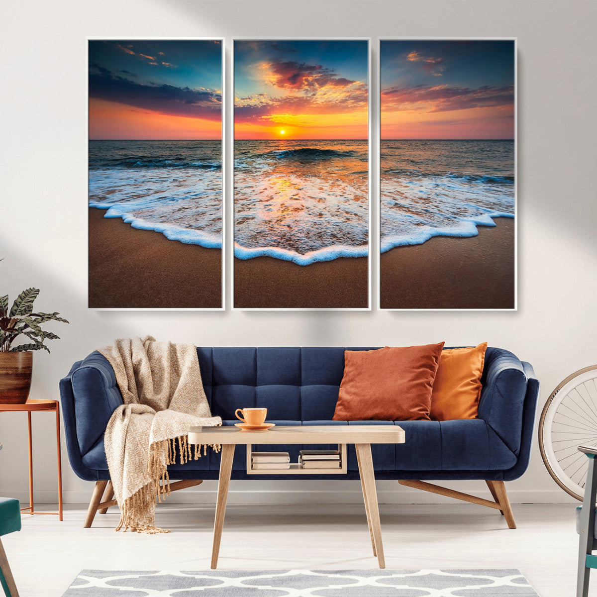 Sunset Beach Canvas Wall Art – Colorful Ocean Waves Triptych