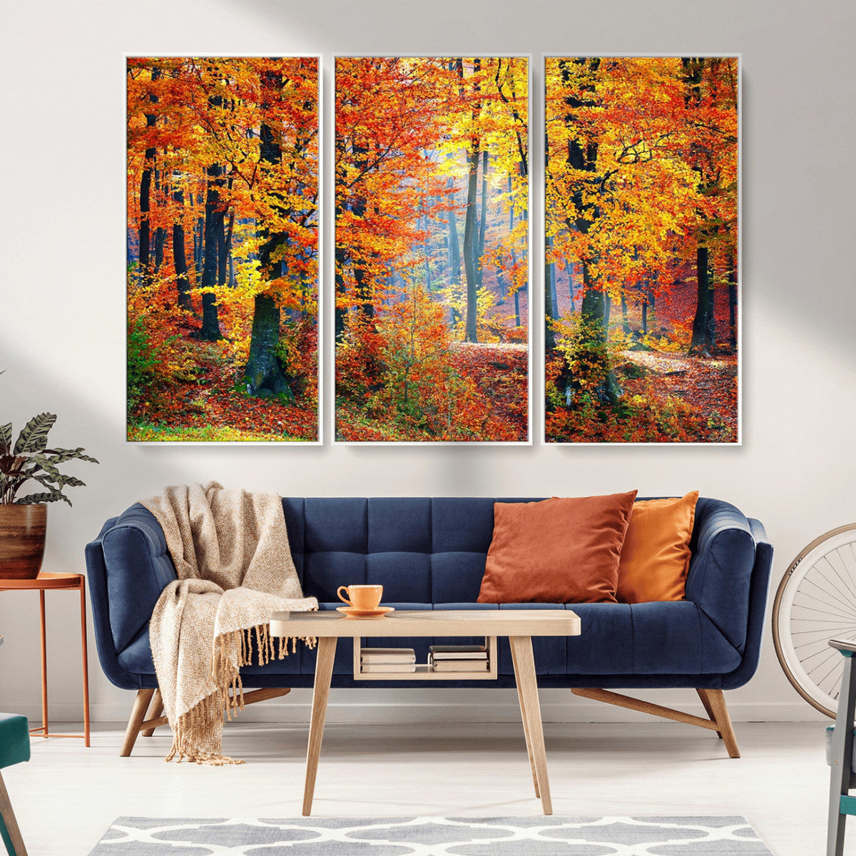 Autumn Red Forest Triptych Canvas Wall Art Print, Forest