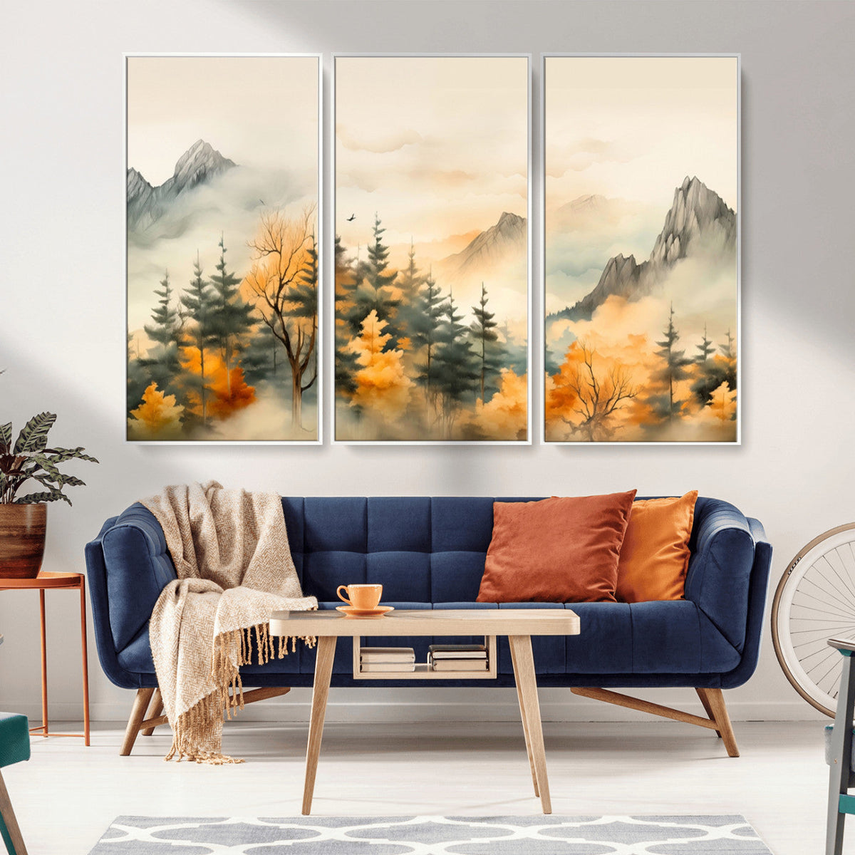 Abstract Watercolor Mountains and Trees Autumn Art,