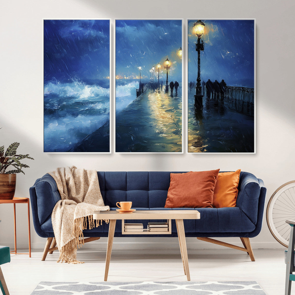 Storm Ocean Pier Canvas Wall Art Print - Large Moody Night