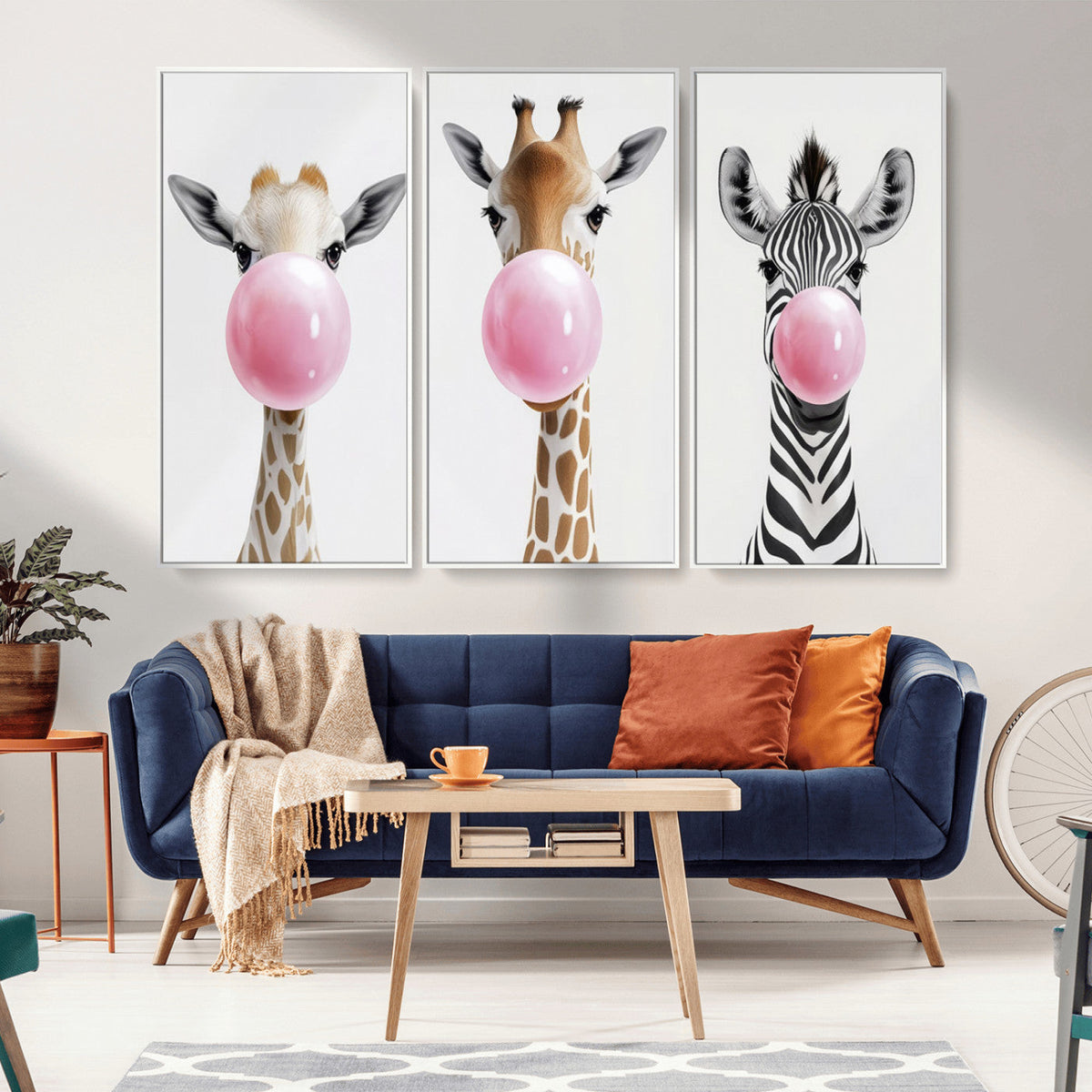 Bubblegum Animals Canvas Wall Art - Playful Giraffe and