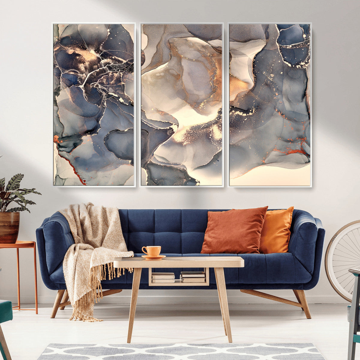 Abstract Blue and Gold Wall Art - Fluid Ink Artwork - Modern