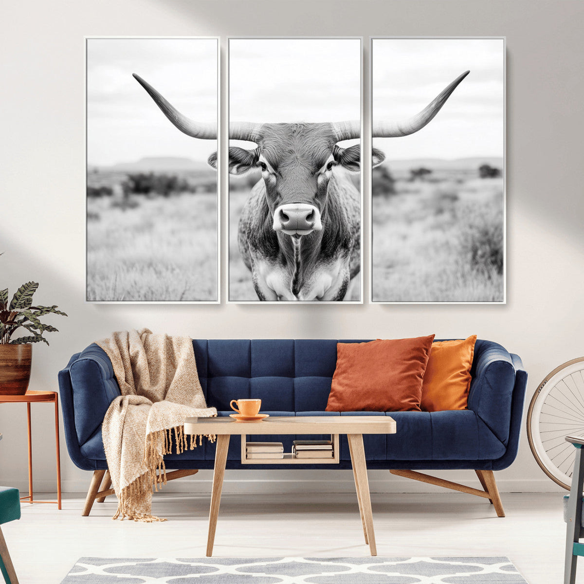 Highland Cow Wall Art Canvas Print – Black and White Western