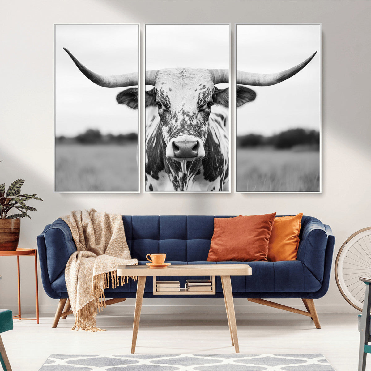 Highland Cow Wall Art Canvas Print – Black and White Western
