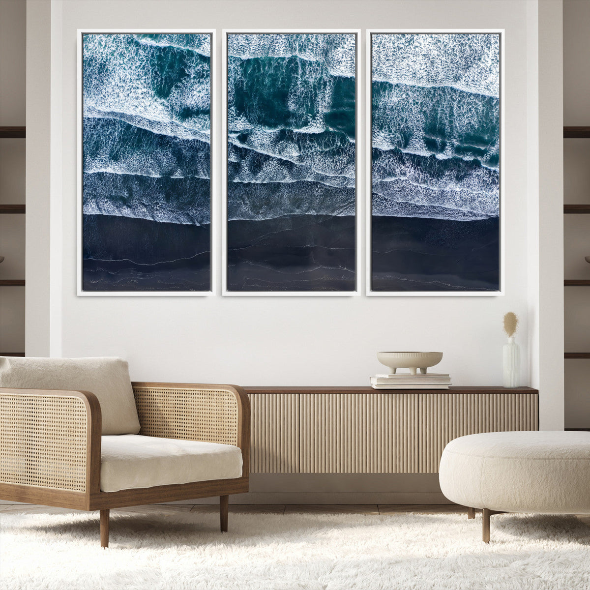 Black Beach Wall Art Canvas Print – Framed Aerial Ocean View
