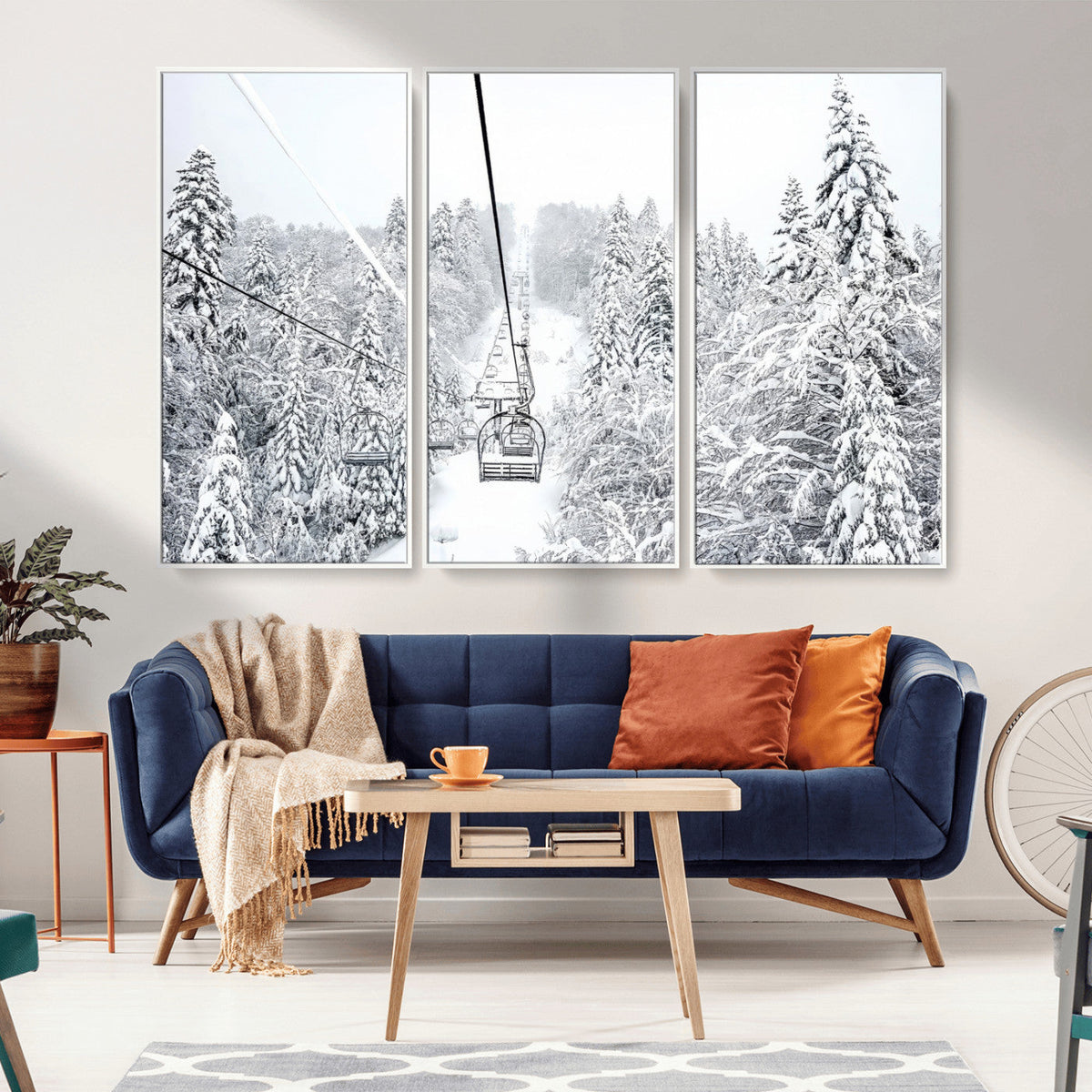 Snowy Ski Lift Wall Art – Framed Winter Mountain Canvas