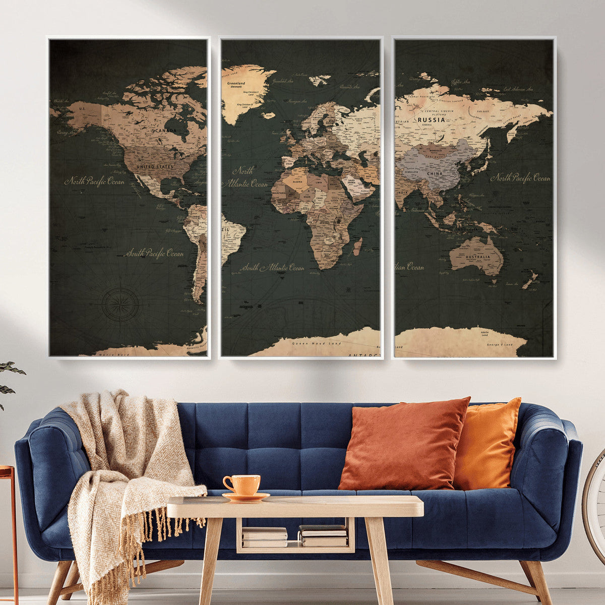 Vintage World Map Canvas Wall Art – Framed Travel Map for