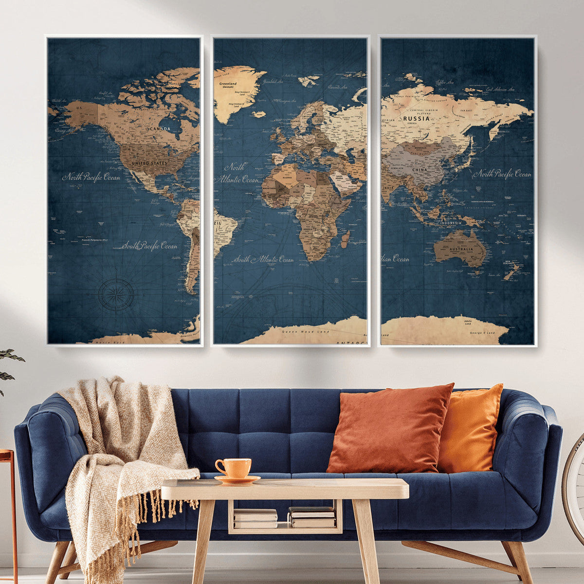 Navy Blue World Map Canvas Print – Framed Travel Map Wall