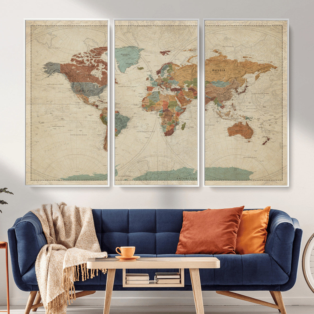 Vintage World Map Canvas Wall Art Print – Framed Modern