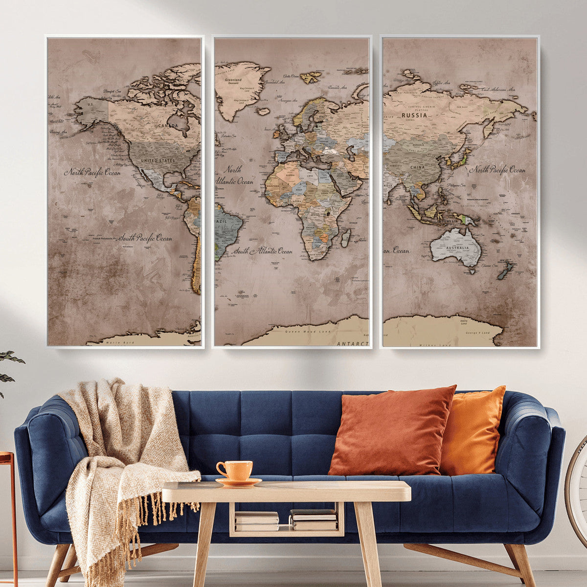 Grunge World Map Canvas Wall Art - Vintage Aged World Map