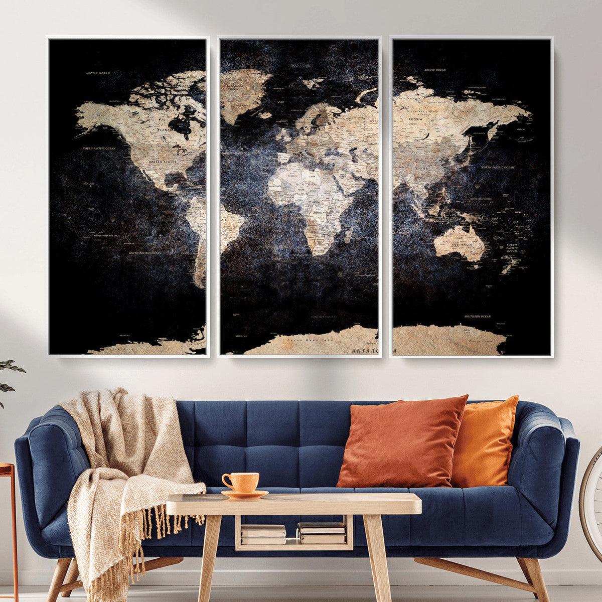 Grunge World Map Wall Art | 3-Panel Large Beige and Brown