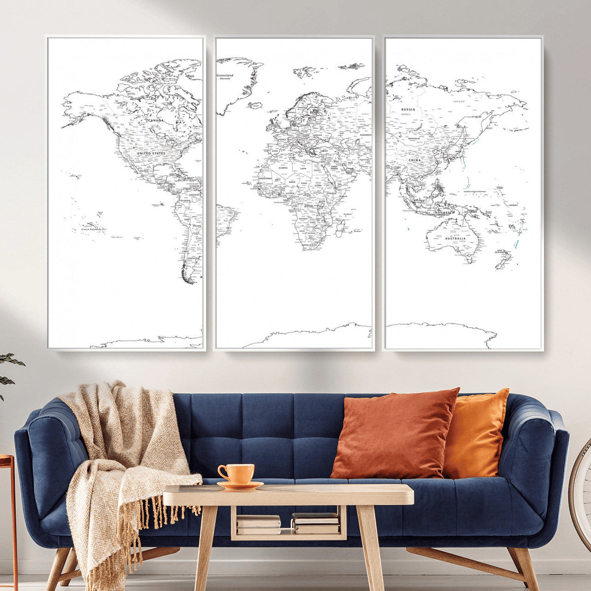 World Map Canvas Print – Framed Modern Detailed Map of the