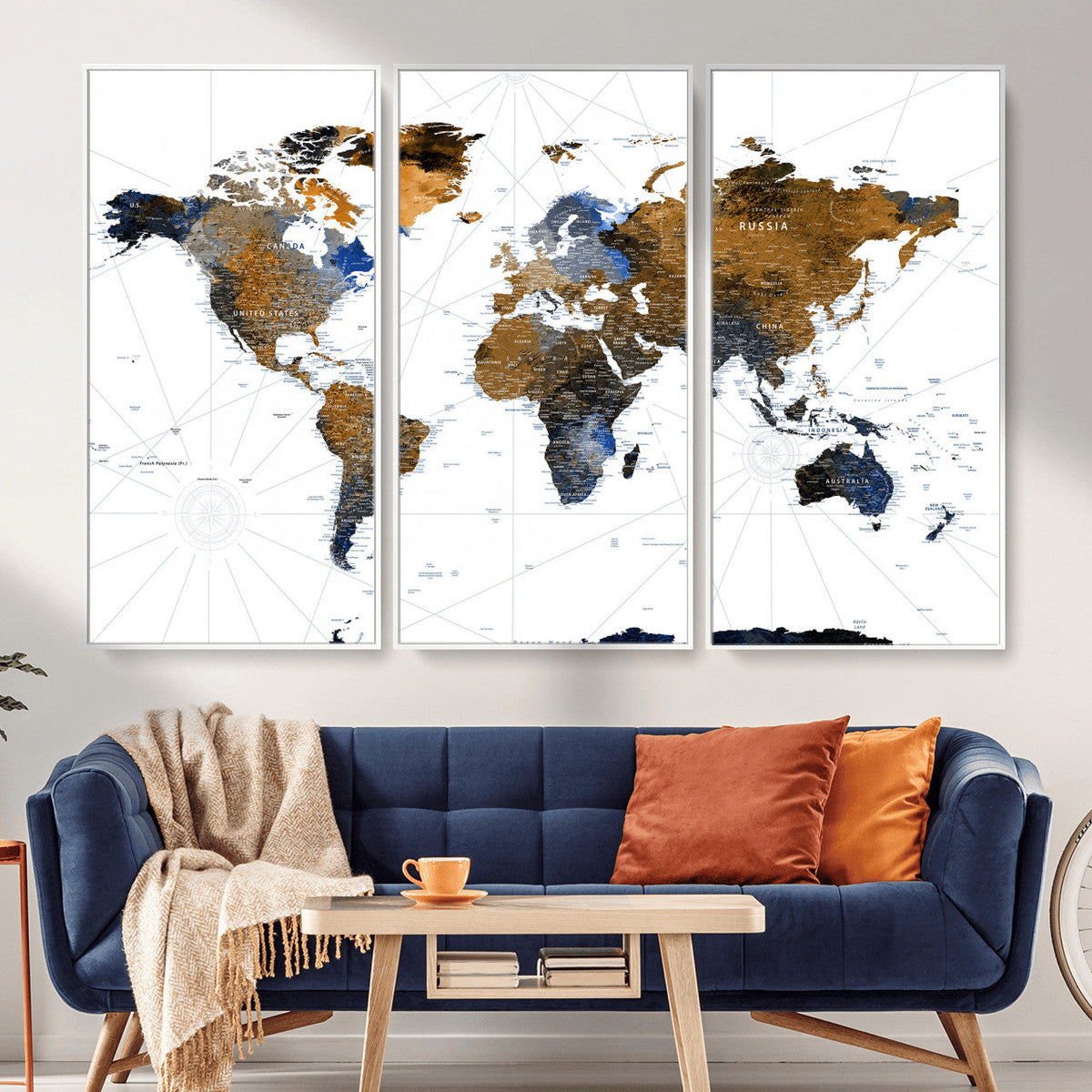 World Map Wall Art Canvas Print, Modern Decorative Framed