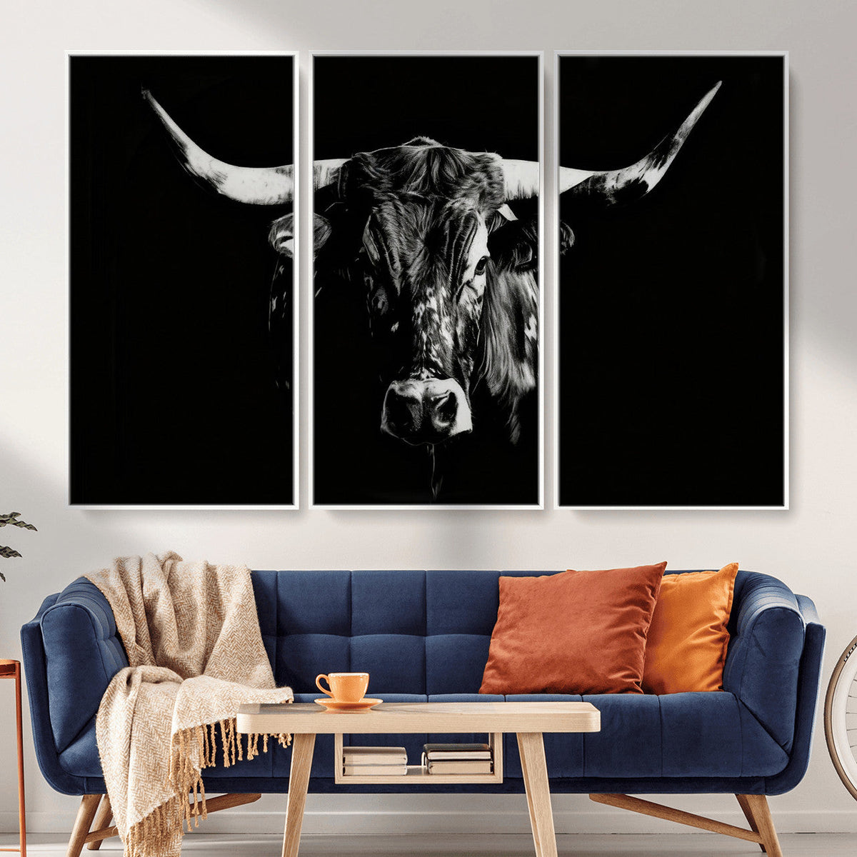 Black Bull Wall Art Canvas Print, Dark Longhorn Portrait