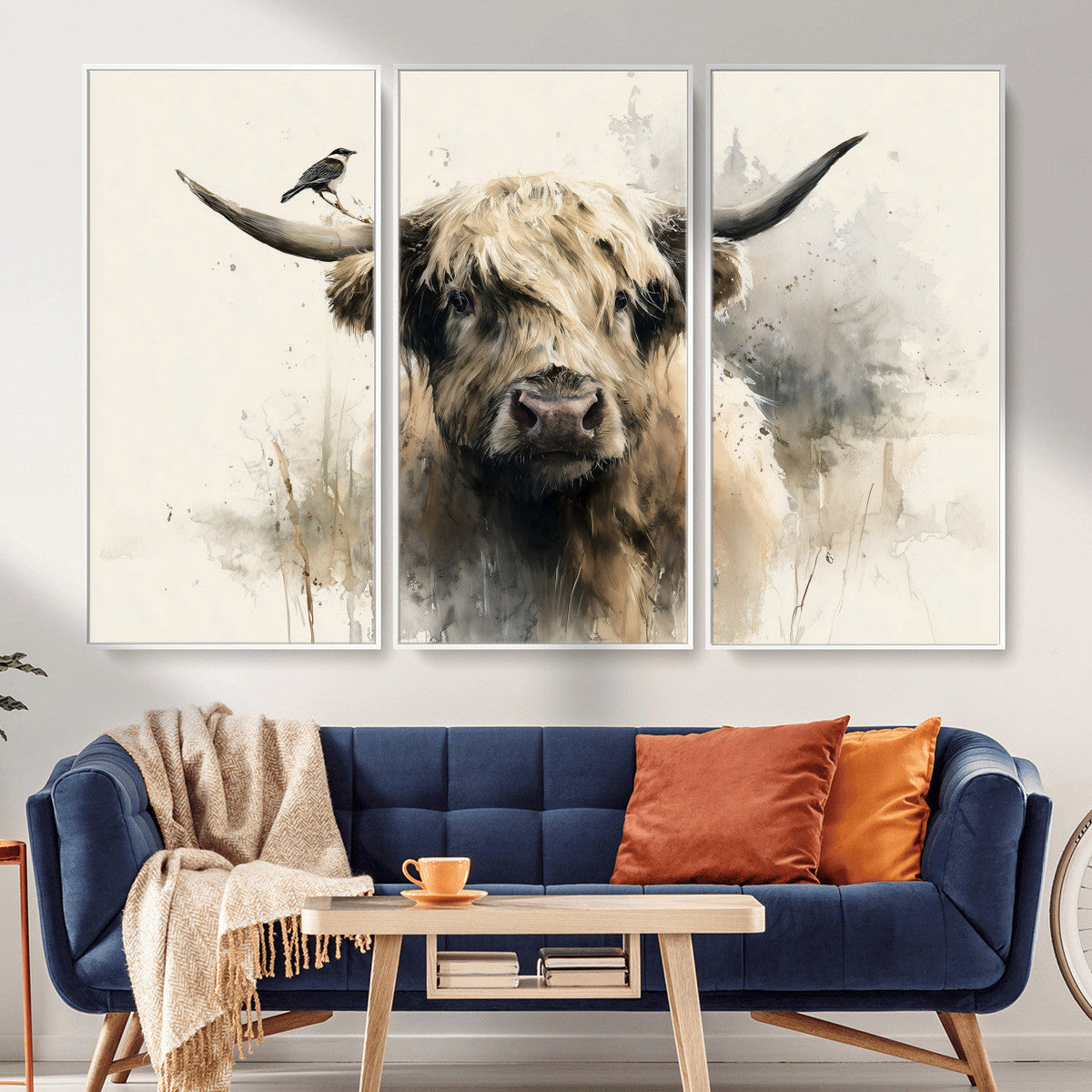 Abstract Highland Cow Wall Art Canvas Print, Rustic Farm