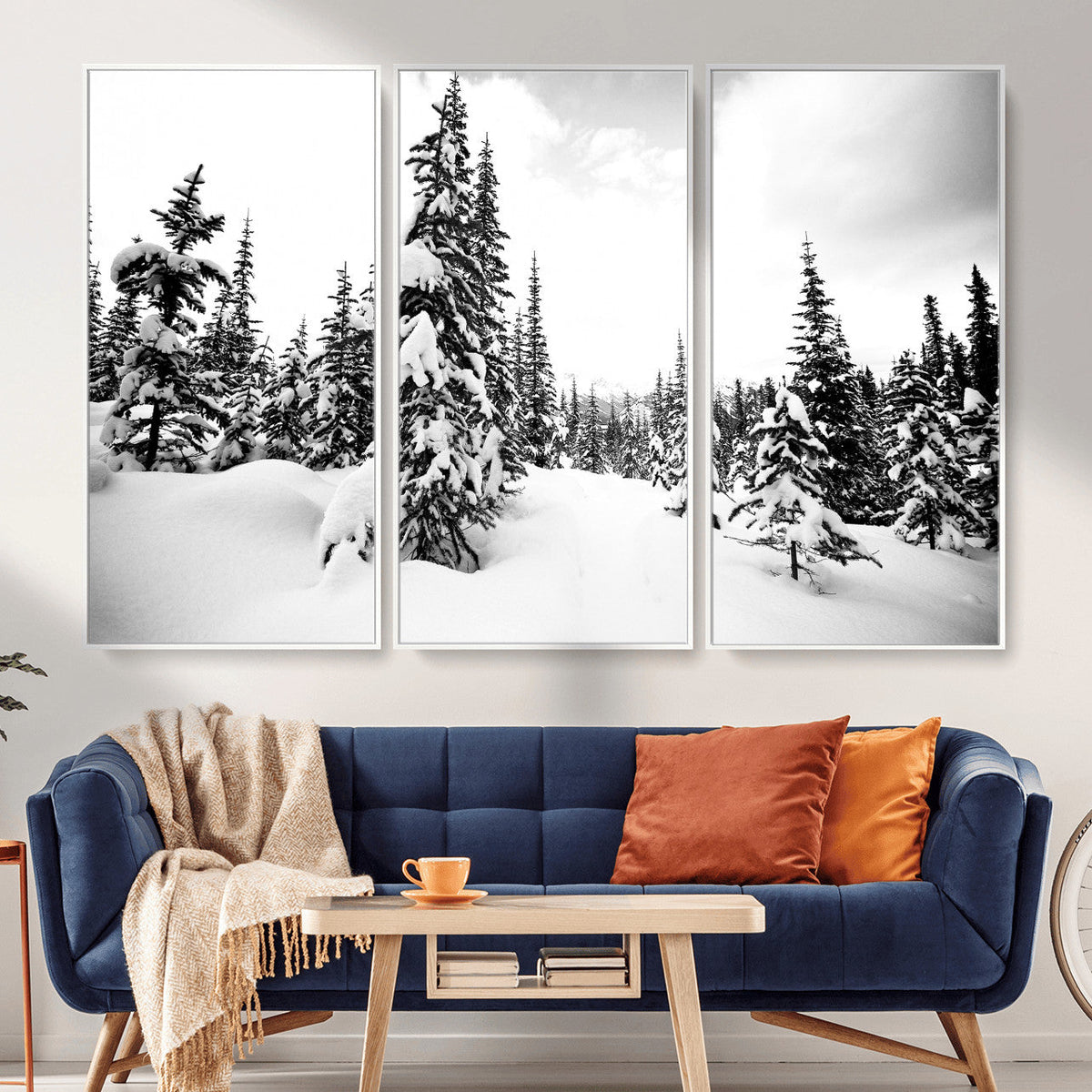 Black and White Snowy Pine Forest Wall Art Canvas Print,