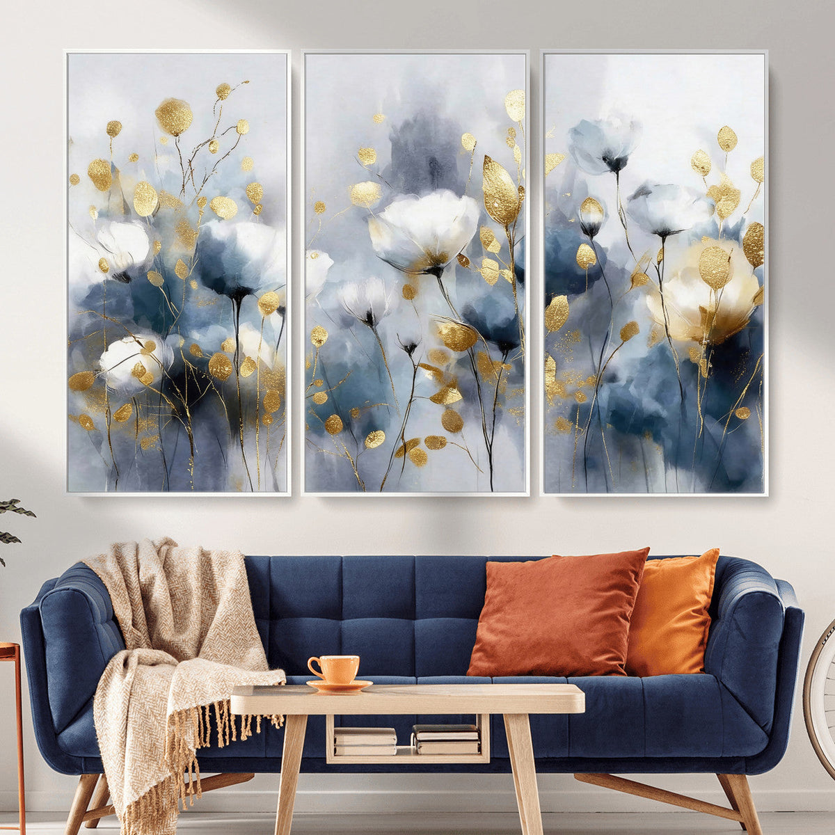 Large Abstract Flowers Wall Art Canvas Print – Gold and Blue