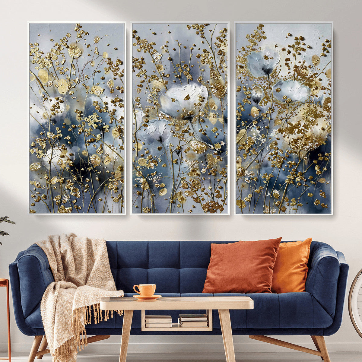 Abstract Floral Wall Art Canvas Print – Gold and Blue