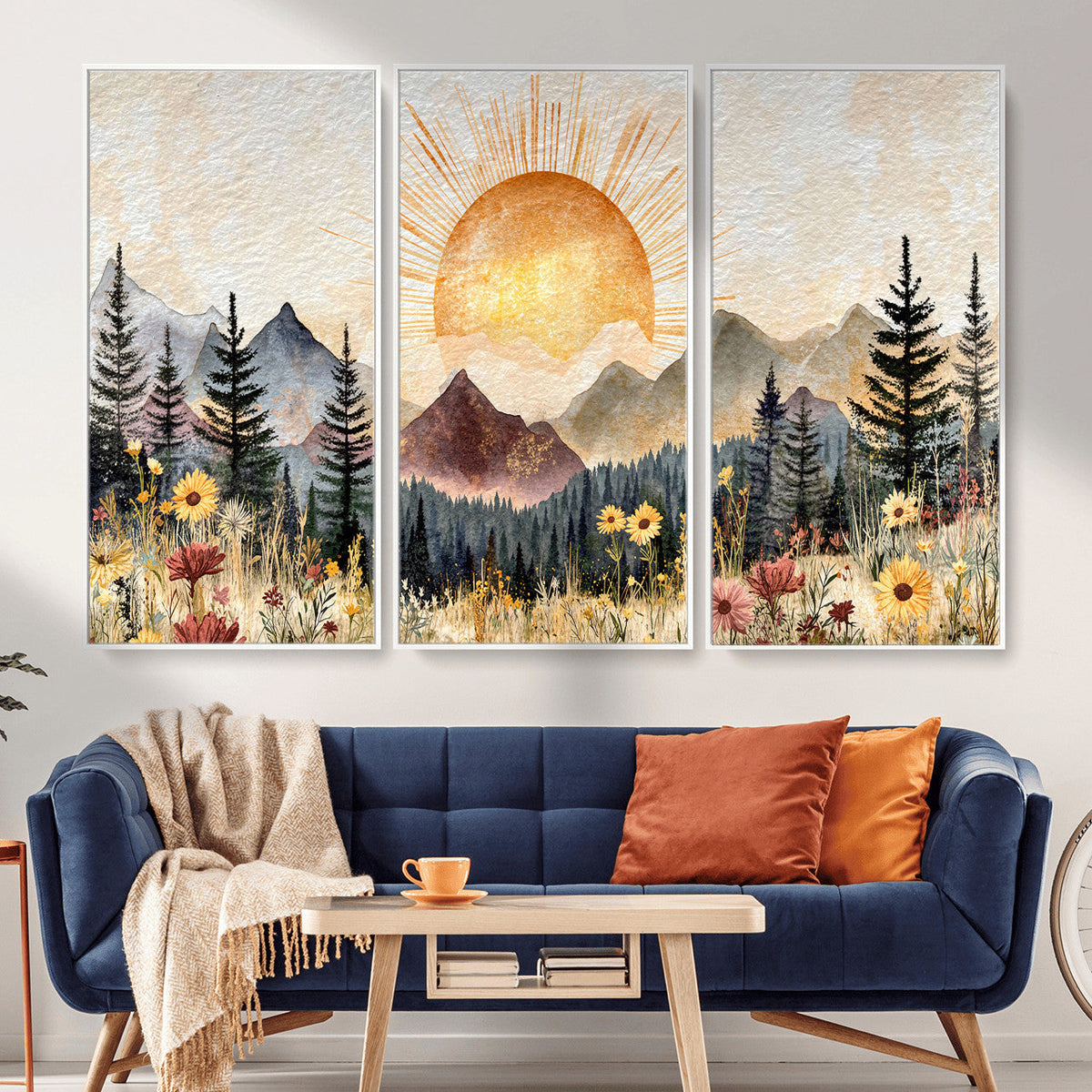 Boho Mountain Landscape Large Wall Art, Horizontal Gold