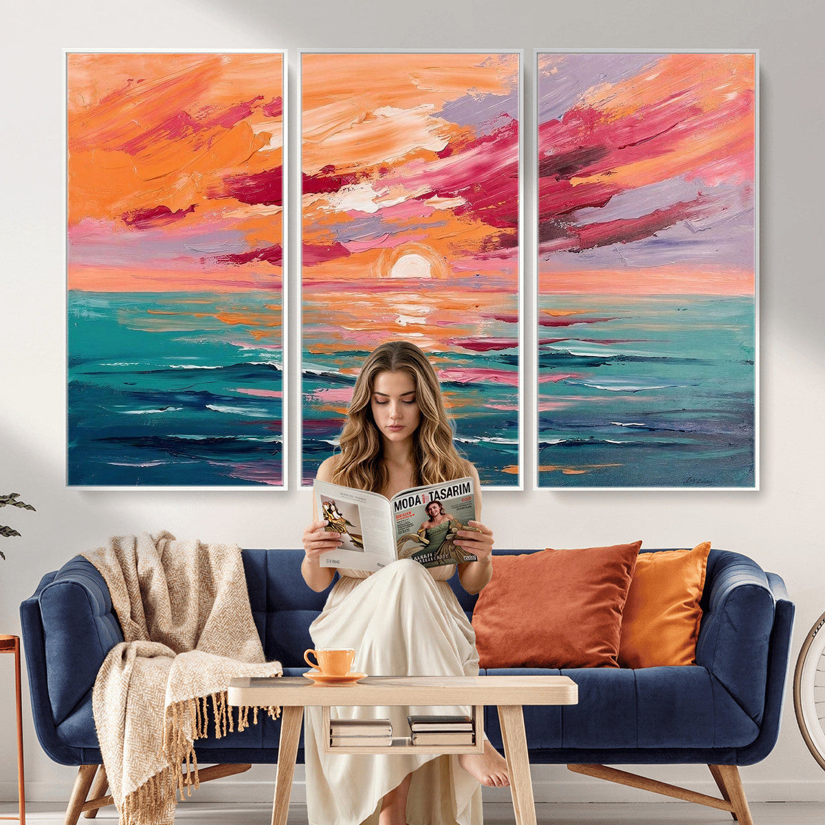 Bold Palette Knife Ocean Sunset Canvas — Orange Pink Teal