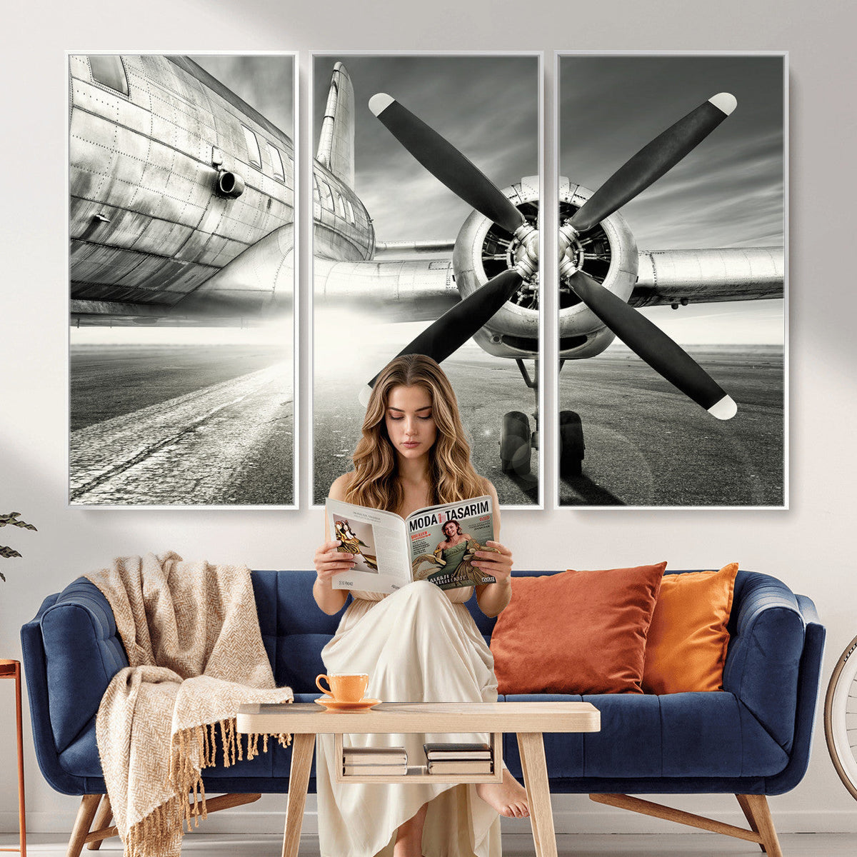 Vintage Airplane Wall Art Canvas Print, Black and White