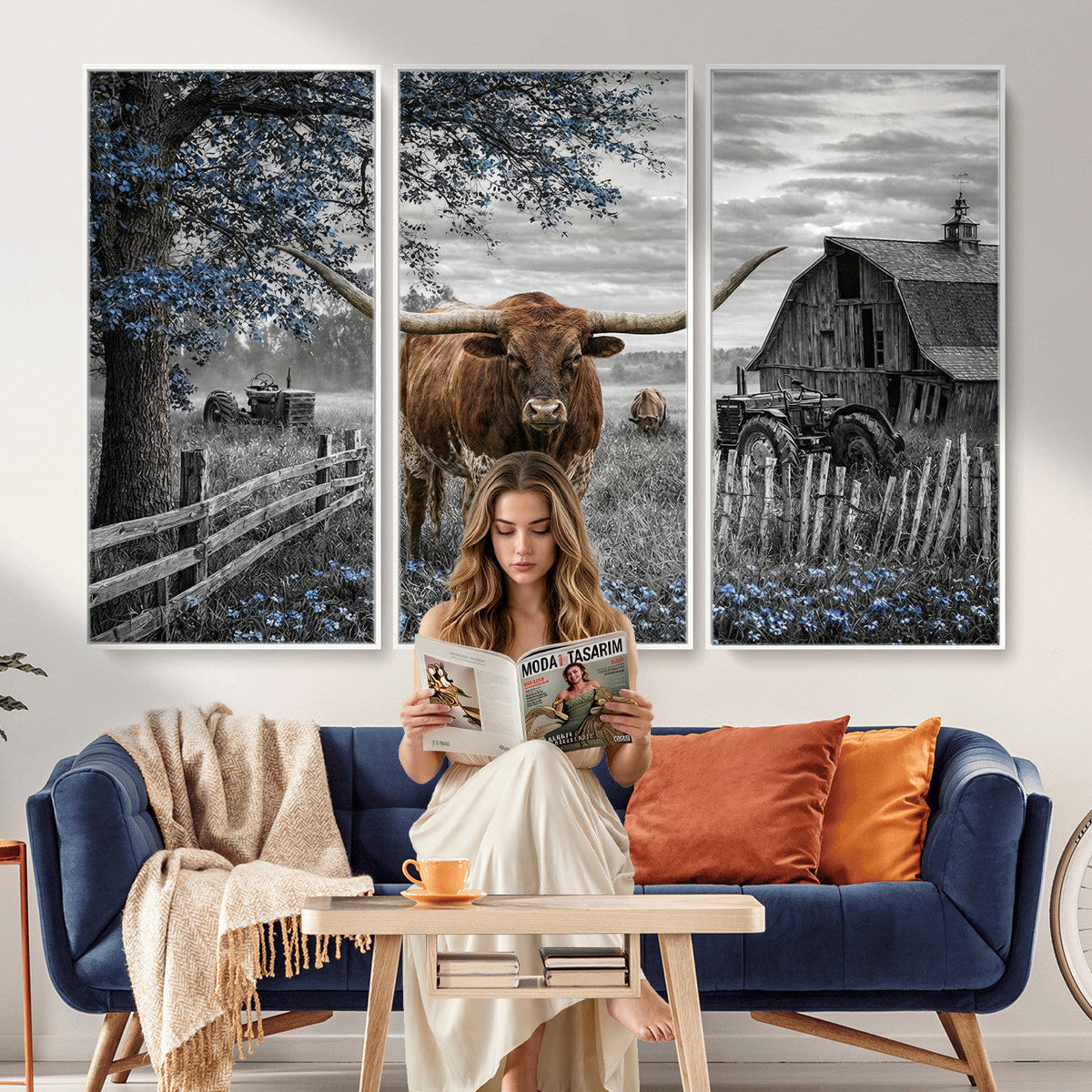Texas Longhorn Canvas Wall Art, Rustic Farm Barn Bluebonnet