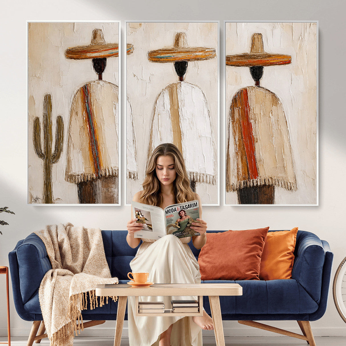 Mexican Wall Art Canvas Print, Southwestern Sombrero Poncho Painting, Neutral Earthy Boho Decor, Fiesta Living Room Art, Impasto Style Print