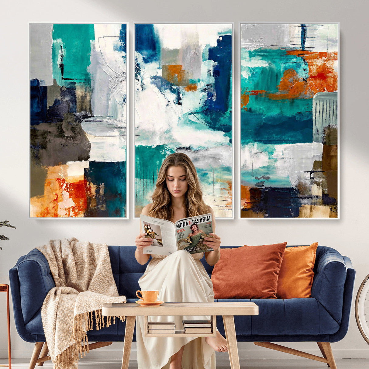 Blue Teal Abstract Canvas Wall Art, Modern Textured Painting Print, Navy Orange White Contemporary Art, Neutral Living Room Decor, Office Art