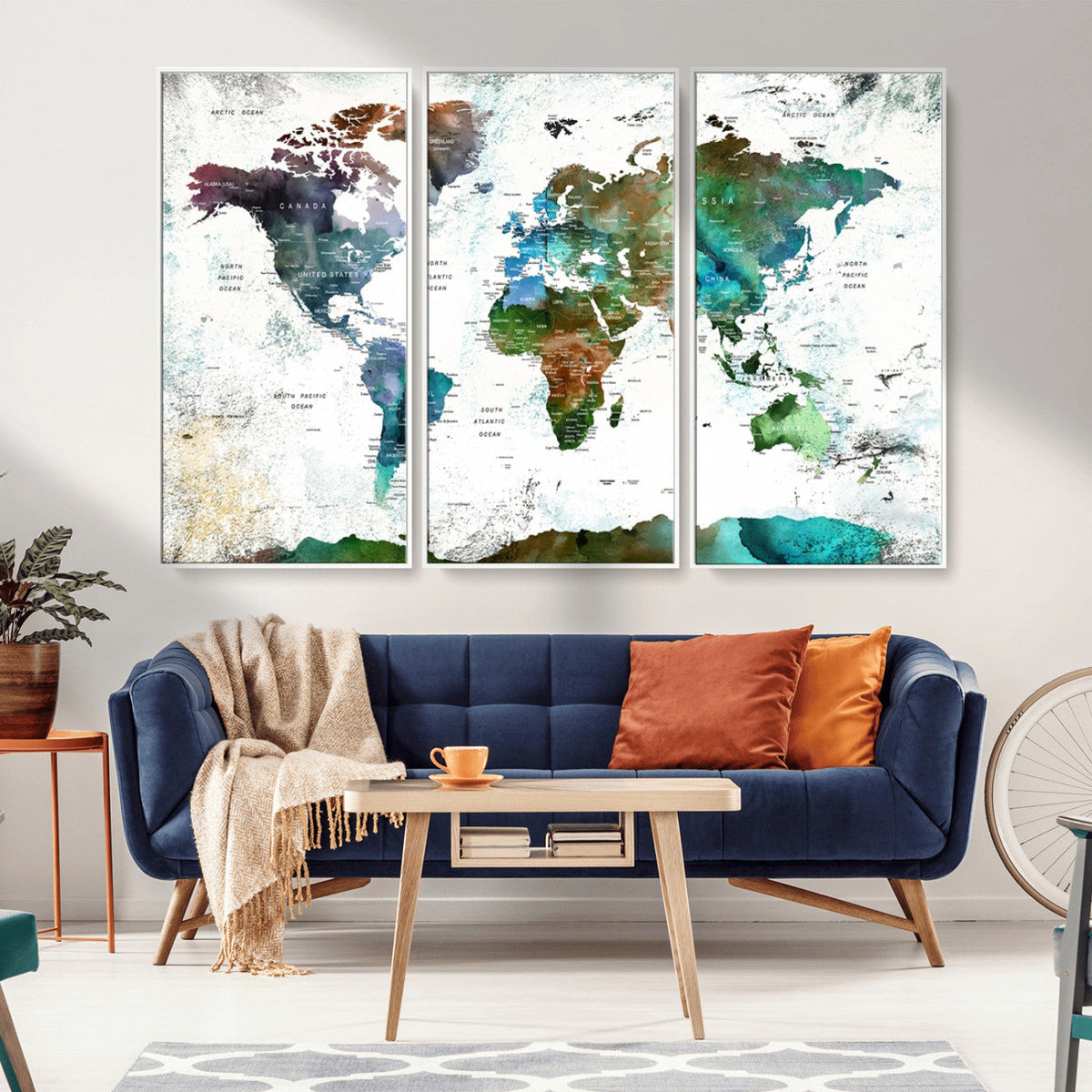 Modern Watercolor World Map Canvas Wall Art – Framed