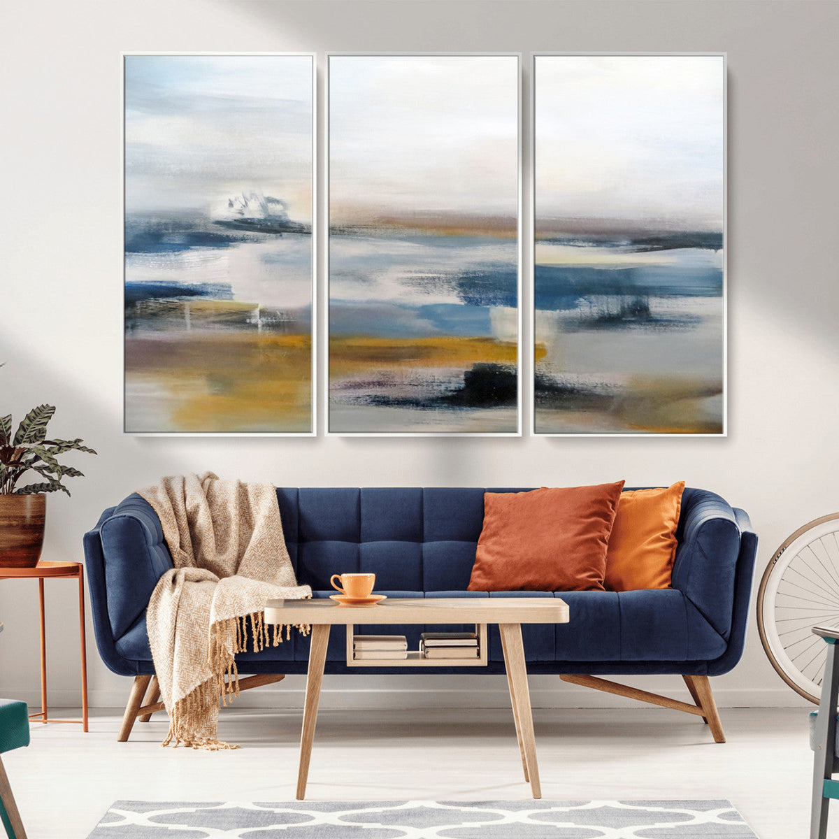 Abstract Landscape Wall Art Canvas | 3 Panel Modern Blue,