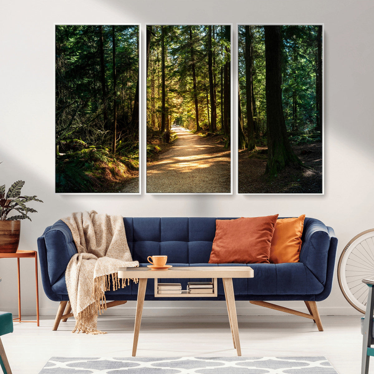 Sunlit Forest Pathway Canvas Print | 3 Panel Large Nature