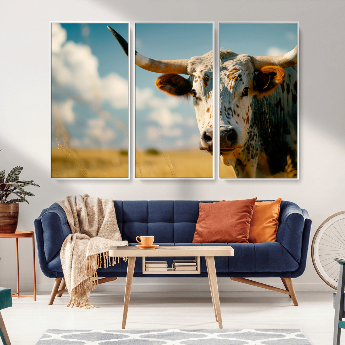 Longhorn in the Prairie - Stunning Ranch-Style Triptych Wall