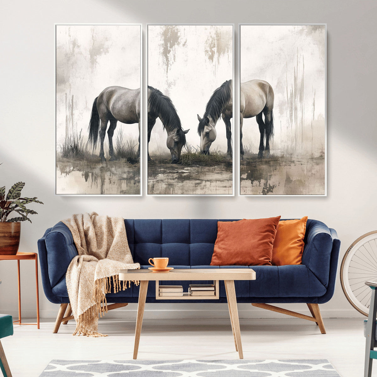 Chines Ink Style Vintage Horses Wall Art Canvas Print for