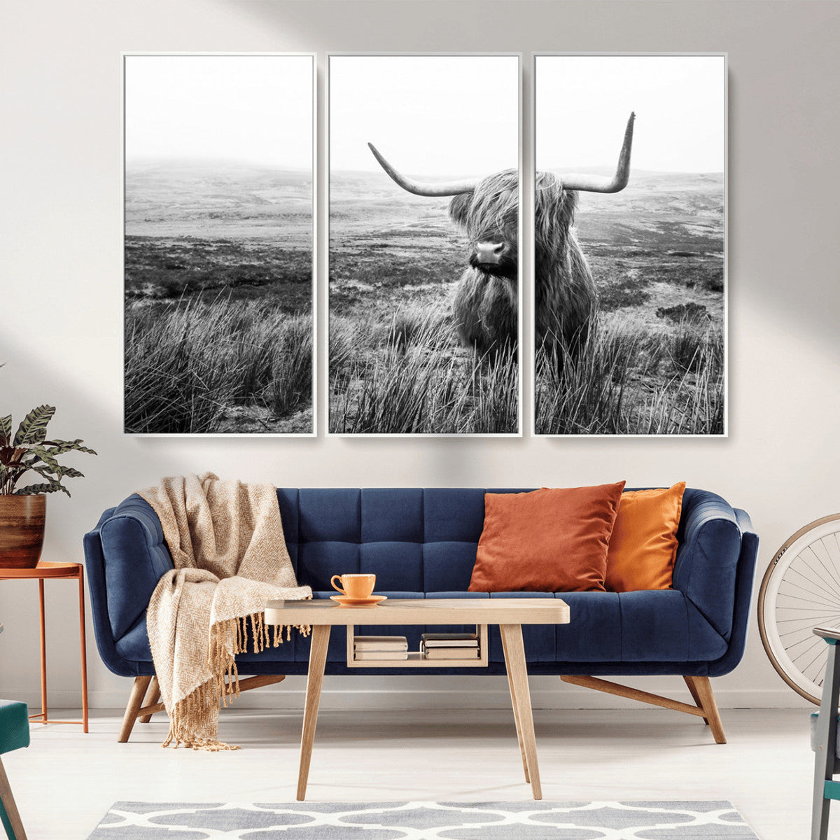 Scottish Highland Cow Wall Art | Black and White Canvas