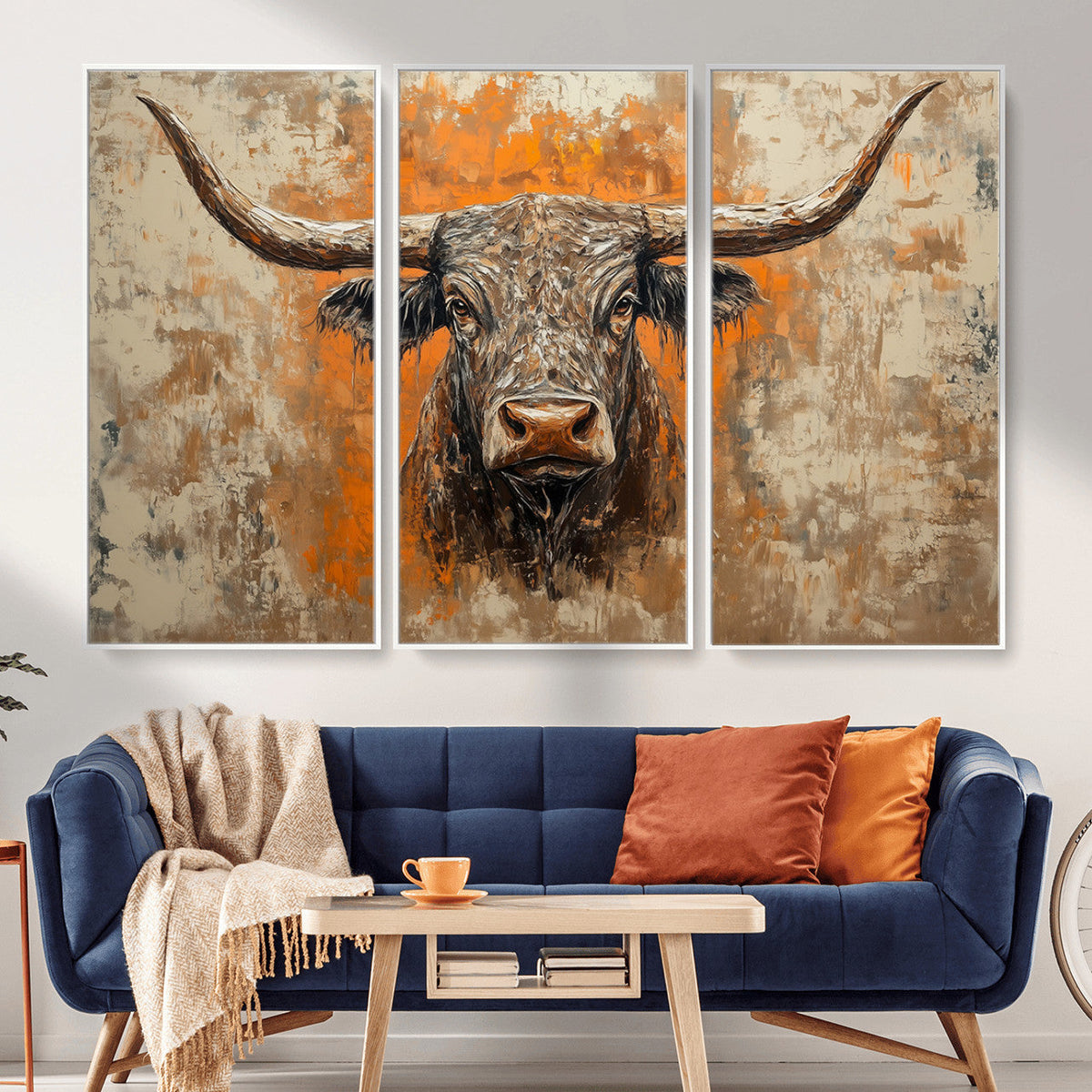 Abstract Cow Longhorn Bull Wall Art Canvas Print - Rustic