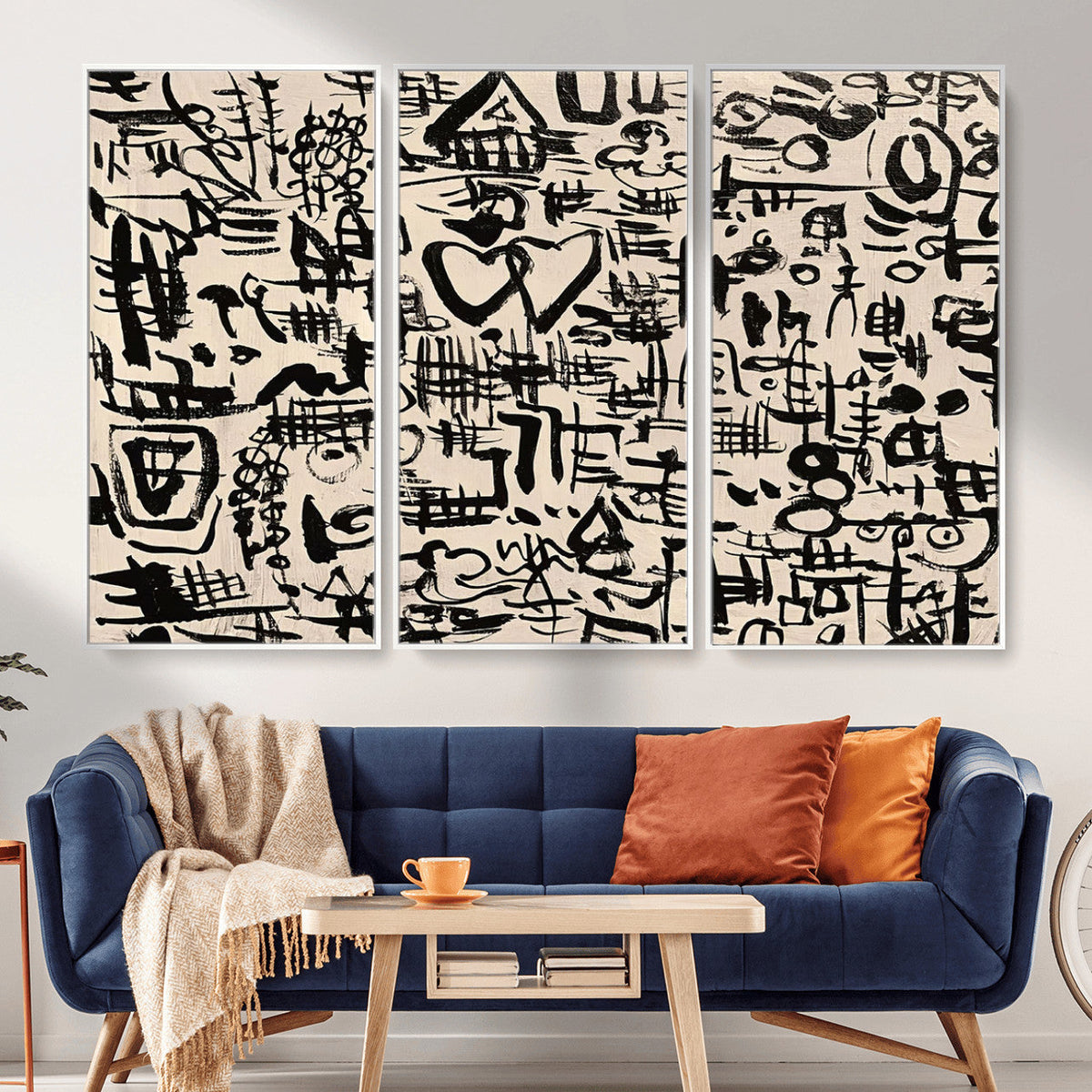 Abstract Love and Chaos Canvas Print, Black Symbols on Beige