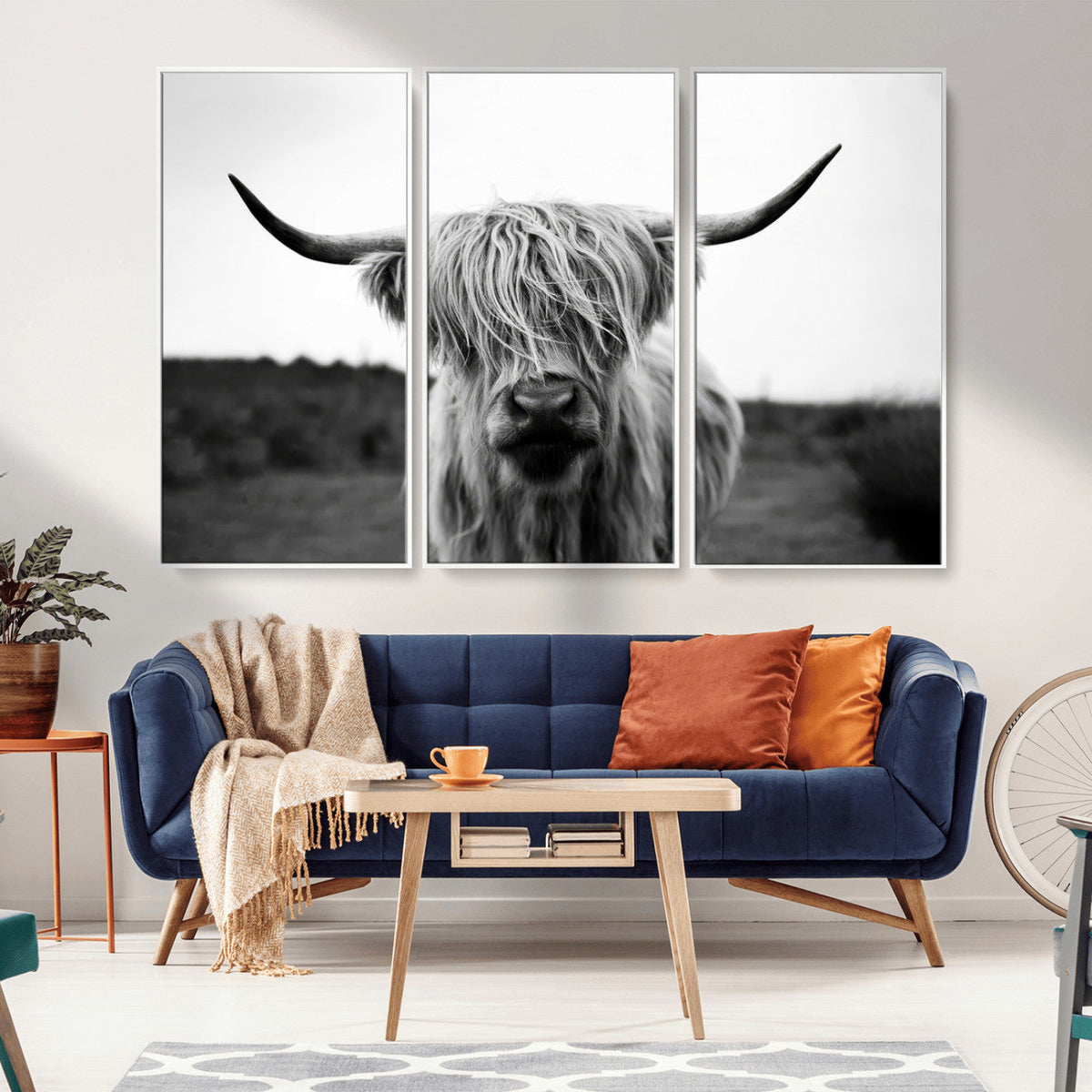 Highland Cow Wall Art | Black and White Farmhouse Decor |