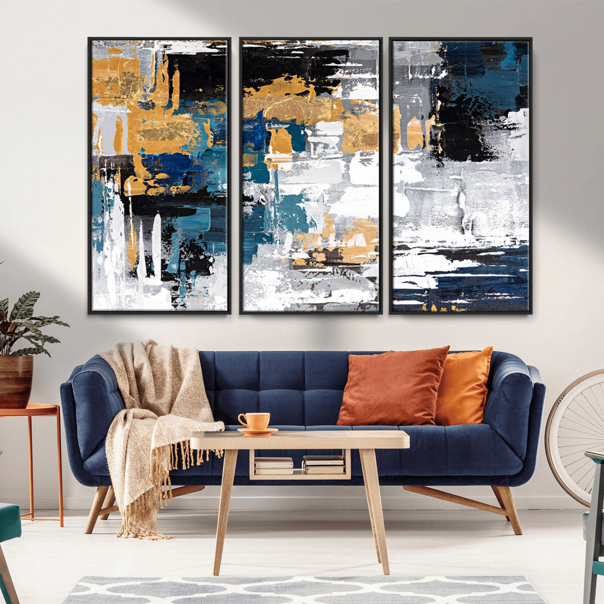 Blue and Gold Abstract Canvas Wall Art – Triptych Modern