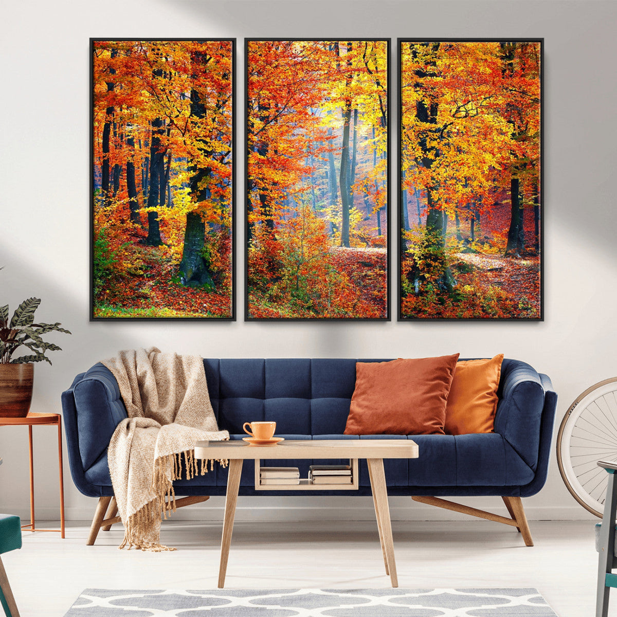 Autumn Red Forest Triptych Canvas Wall Art Print, Forest