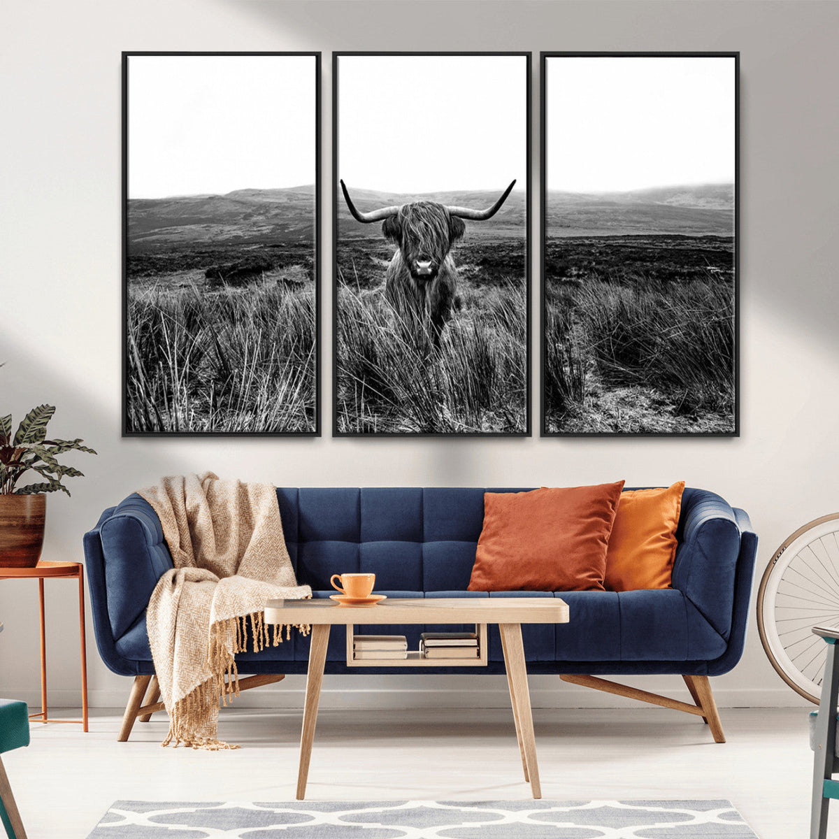 Black and White Highland Cow Canvas Wall Art, Longhorn