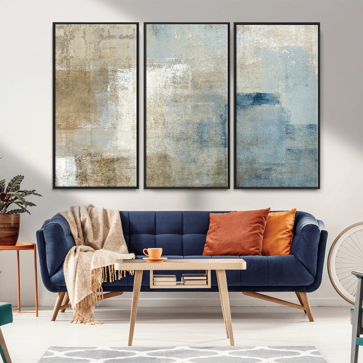 Abstract Blue and Beige Wall Art, Modern Minimalist Canvas